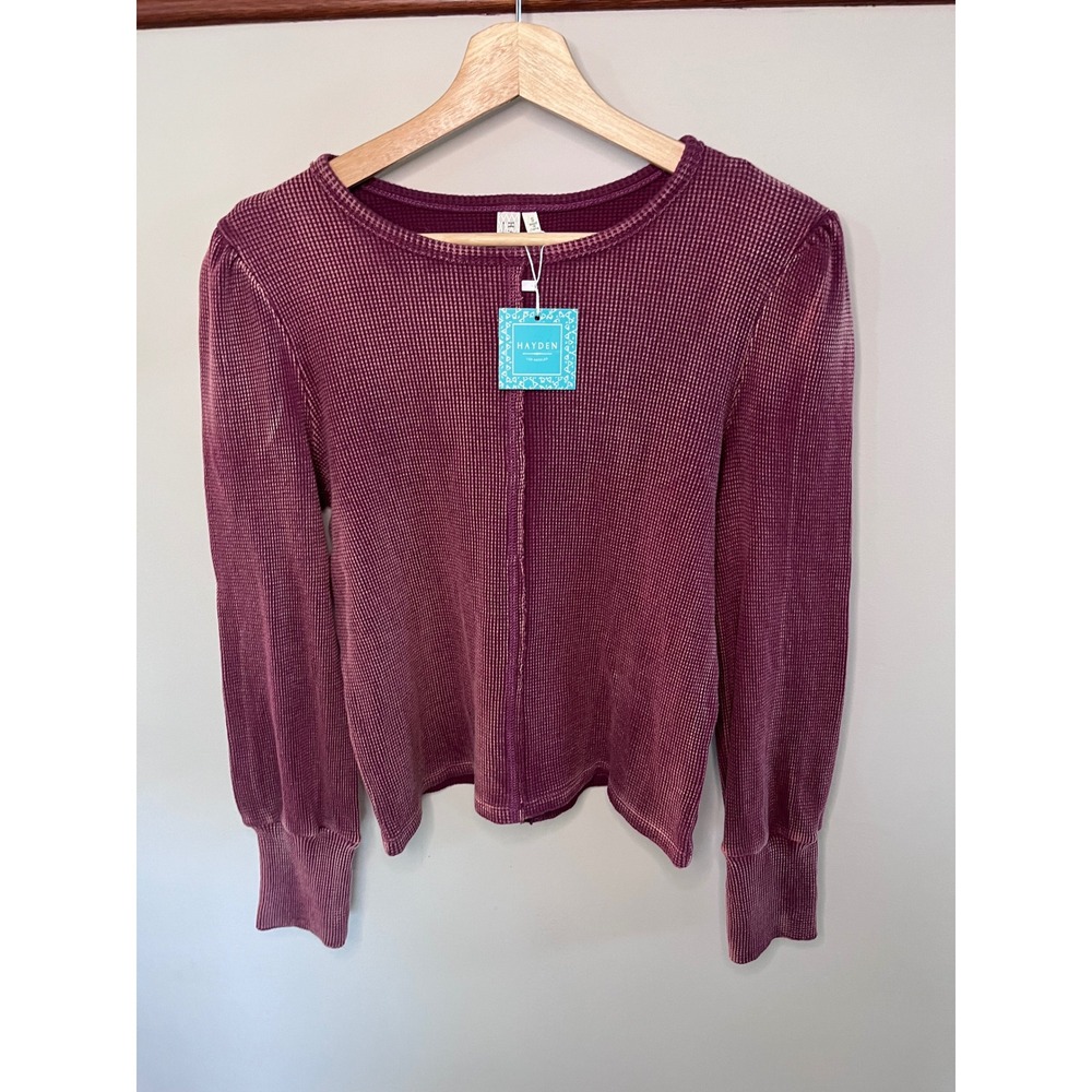 Hayden Los Angeles Women Small Waffle Knit Puff Sleeve Top Berry Wine HY8844 NEW